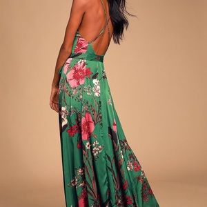 Lulu’s Still the One Emerald Green Floral Print Satin Maxi Dress (medium)